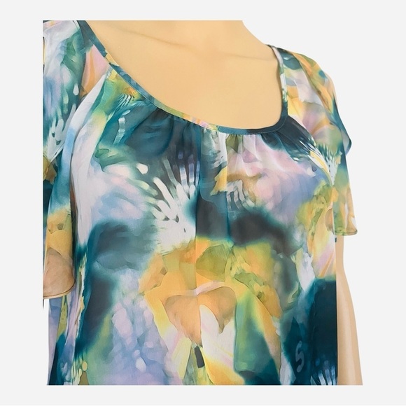 ANA anew approach abstract multicolor blouse top flared sleeves cold shoulder PM - Picture 3 of 12